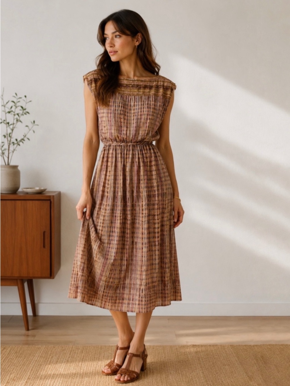 Vintage 70s Sue Brett Neutral Stripe Midi Dress Bateau Neck Cap Sleeve 7/8 Small - Picture 2 of 15